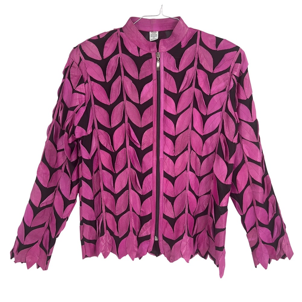 Womens Leather Leaf Jacket Magenta Fuchsia Statement Dopamine Dressing 3D L